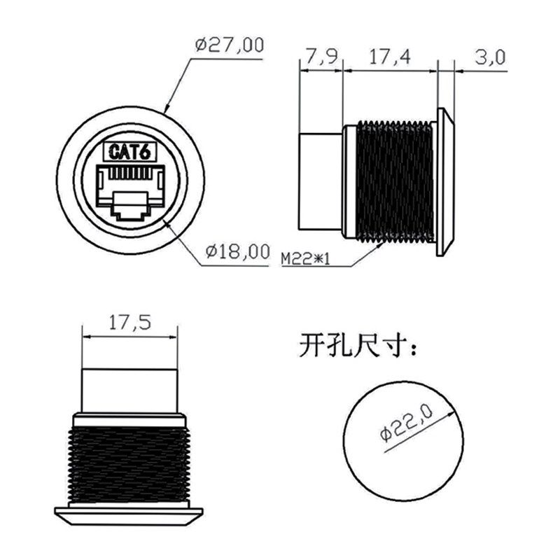 M22圆型面板固定直通模块 RJ45网线数据信号对接头网络接口母插座