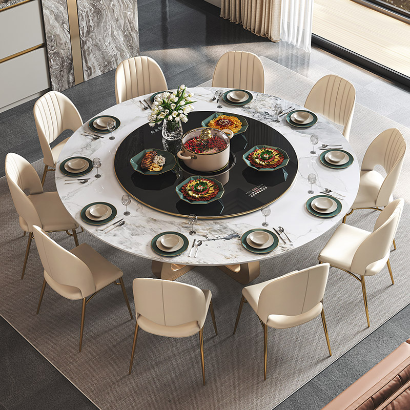 岩板圆桌餐桌豪华别墅客厅设计师新款家用高级R感电动旋转功能餐
