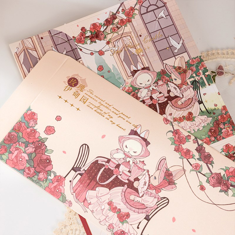 珍藏版书信礼盒烫金手帐本可爱笔记本彩页L玫瑰伊甸园复古信纸礼