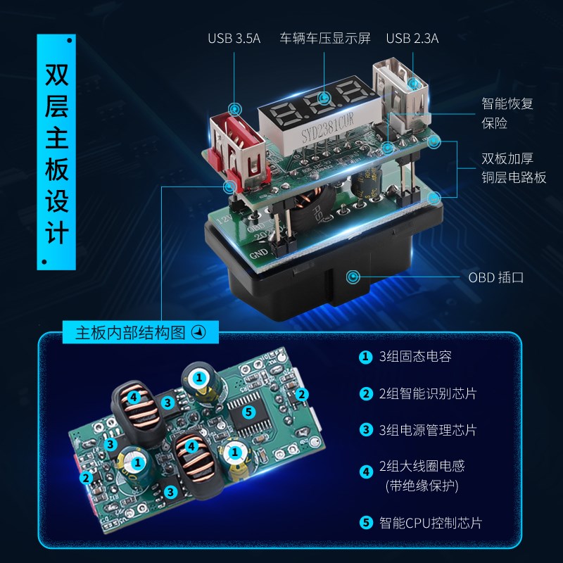 OBD车载智能充电器OBD转USB3A手机快充I12V24V汽车通用熄火供电