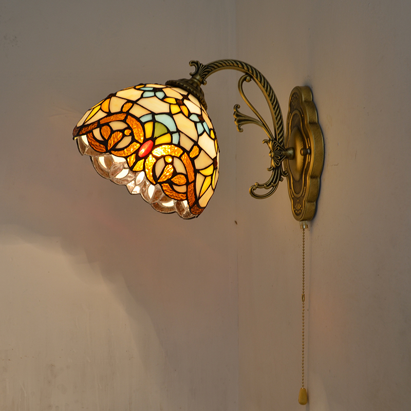 欧式复古壁灯古典餐客厅背景墙阳台走廊浴室镜前铁V艺玻璃拉绳壁