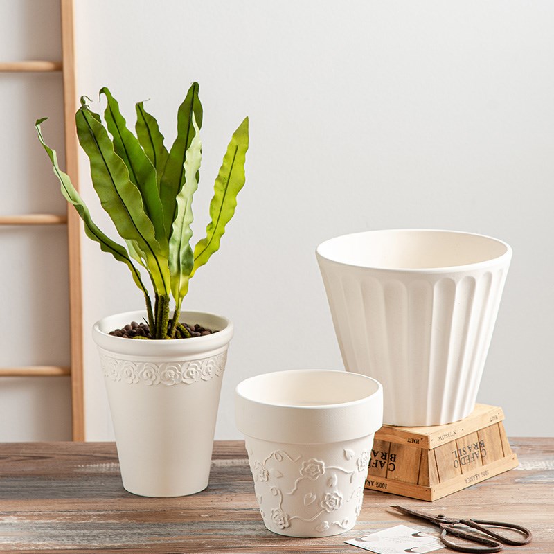 米白色陶瓷花盆陶土简约浮雕粗陶瓦盆家用绿植朱顶红绿萝花带托盘