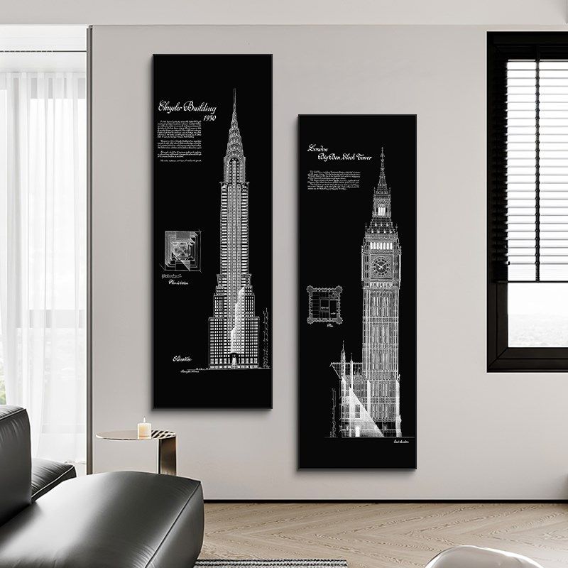 克莱斯勒大厦建筑装饰画大本钟铁塔玄关画公司酒店别墅竖长条挂画,家居饰品,现代装饰画,淘宝优惠券,粉丝福利购,淘宝优惠卷