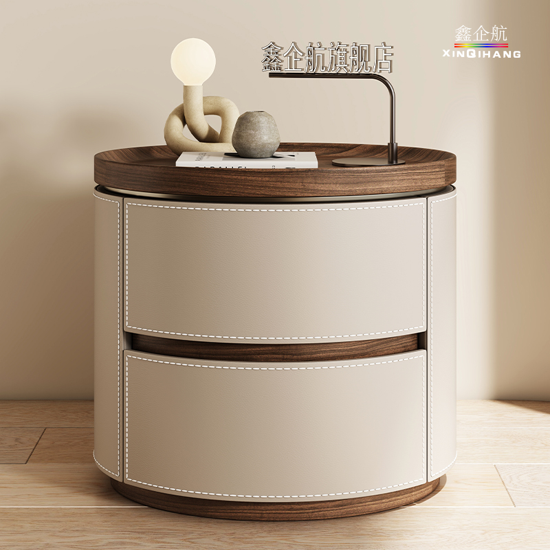 2024新款轻h奢高级感全实木床头柜现代简约马鞍皮圆形置物架收纳