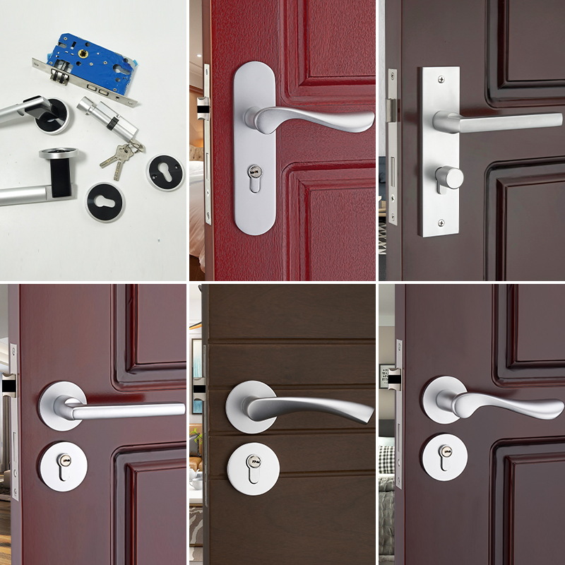 门锁分体实心房门n锁实木门锁具弯把分体卧室门锁室内太空铝