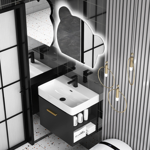 卫生间侧边收纳实木浴室柜陶瓷盆一体洗手盆柜组合小户型洗漱台池