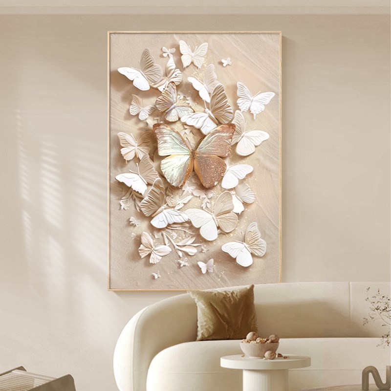 奶油风蝴蝶玄关装饰画立体高级感浮雕肌理K画客厅沙发背景墙壁挂图片
