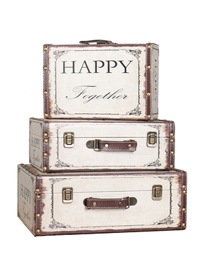 欧式复古手提木箱子皮革大号三件套收纳箱L储物箱摄影陈列道具摆