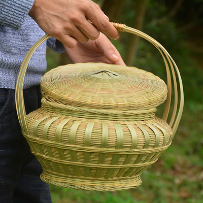 手提竹编带盖篮子纯手工编织圆形礼盒 家居收纳篮户外野餐糕点篮