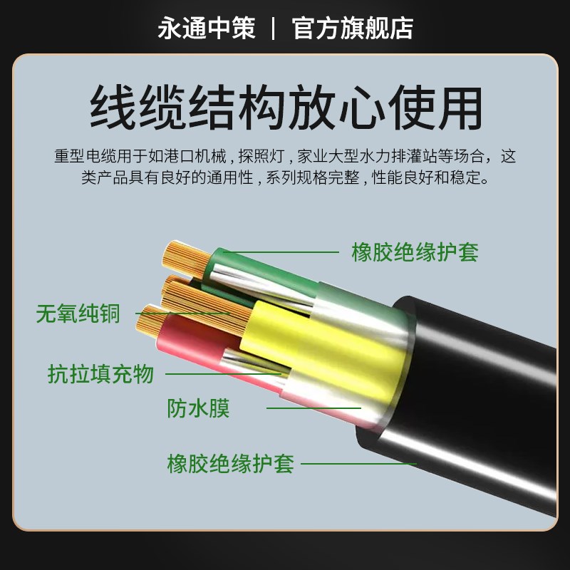 永通中策YcC橡胶电缆国标纯铜芯家用电线2/3/4/5芯1.5平方护套软