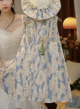 【送帽子】夏季新款儿童波西米亚碎花无袖连衣裙女孩长裙潮HCB547