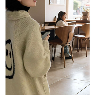 韩国拼学院风宽松色笑脸拉链毛衣针织上衣开衫 外套女秋冬季