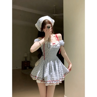 收腰显瘦纯欲甜美莫奈花园风法式 格林童话田园短裙夏季 方领连衣裙