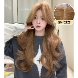 子棋假发女长卷发一字蕾丝奶茶香槟色全头套大波浪假发套齐刘海