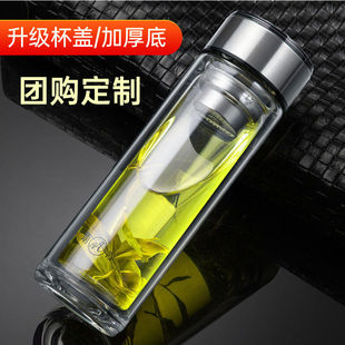 明霞双层玻璃杯士公家用便携水杯不锈钢杯盖透明泡茶杯子印字