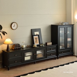 实木电视柜复古简约客厅小户型家用地柜轻奢黑美式茶几组合落地柜