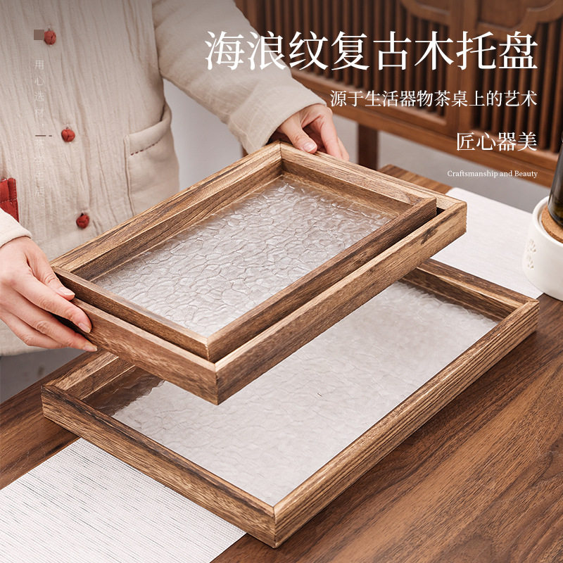 海棠花托盘玻璃茶盘复古长方形绿色透明木质边框咖啡点心家用盘子