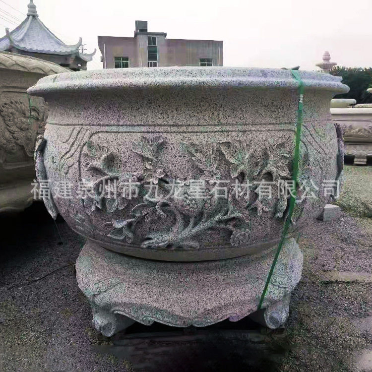 青石仿古圆形荷花石雕鱼缸摆件