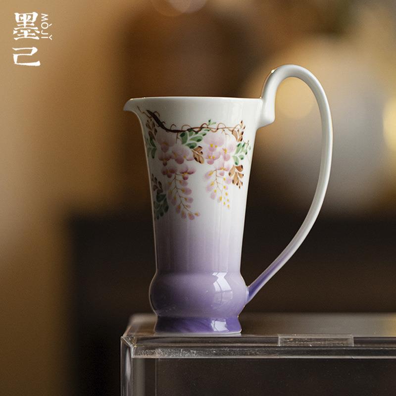 墨己手绘紫藤花陶瓷公道杯茶道配件家用提耳手把公杯分茶杯匀杯
