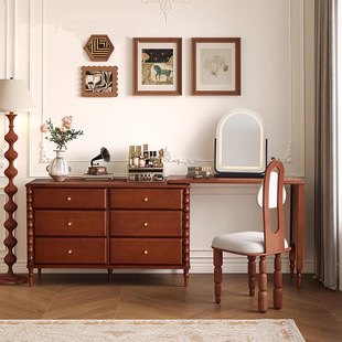 大司马 复古梳妆台卧室书桌化妆台转角梳妆台斗柜一体实木化妆桌