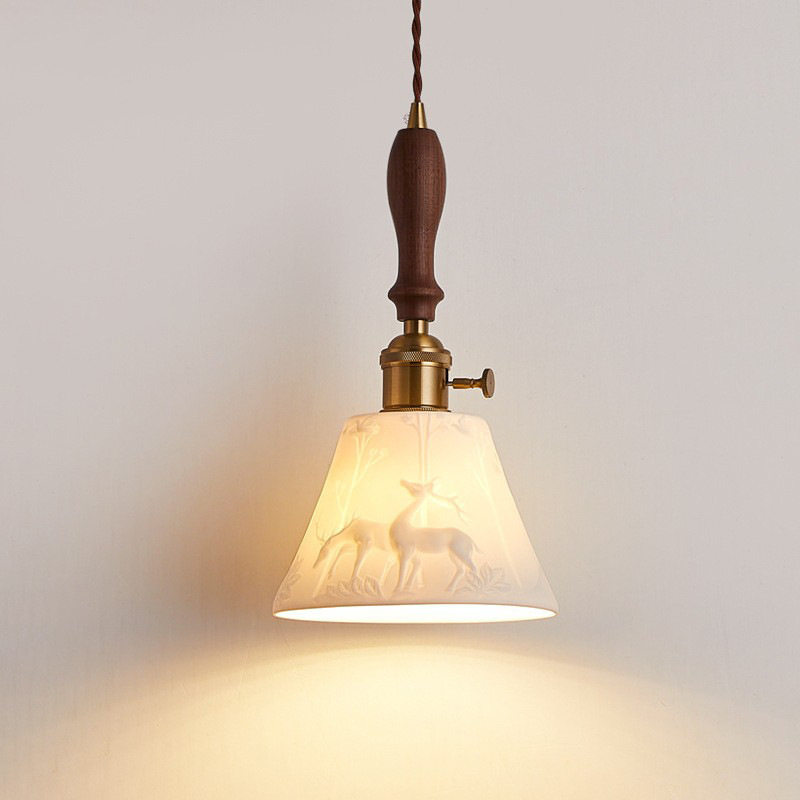 床头小吊灯法式田园风复古胡桃木新中式国潮陶瓷灯中古餐厅3头灯