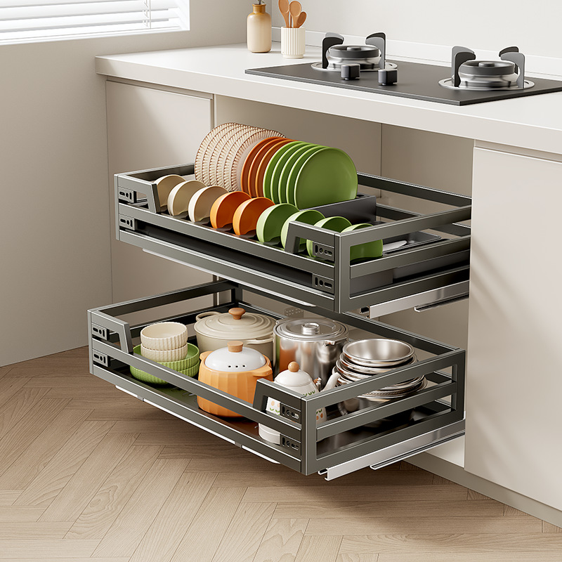 美厨物语拉篮厨房橱柜碗篮不锈钢双层抽屉式收纳碗碟架柜厨柜拉篮
