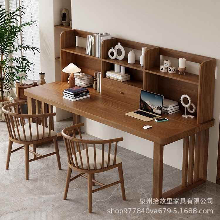 简约实木书桌书架一体家用卧室电脑桌工作台现代学习写字办公桌