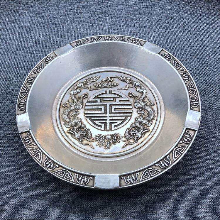文房书法用品笔洗笔搁水碟盛墨水墨盒仿古白铜银盘子大号笔
