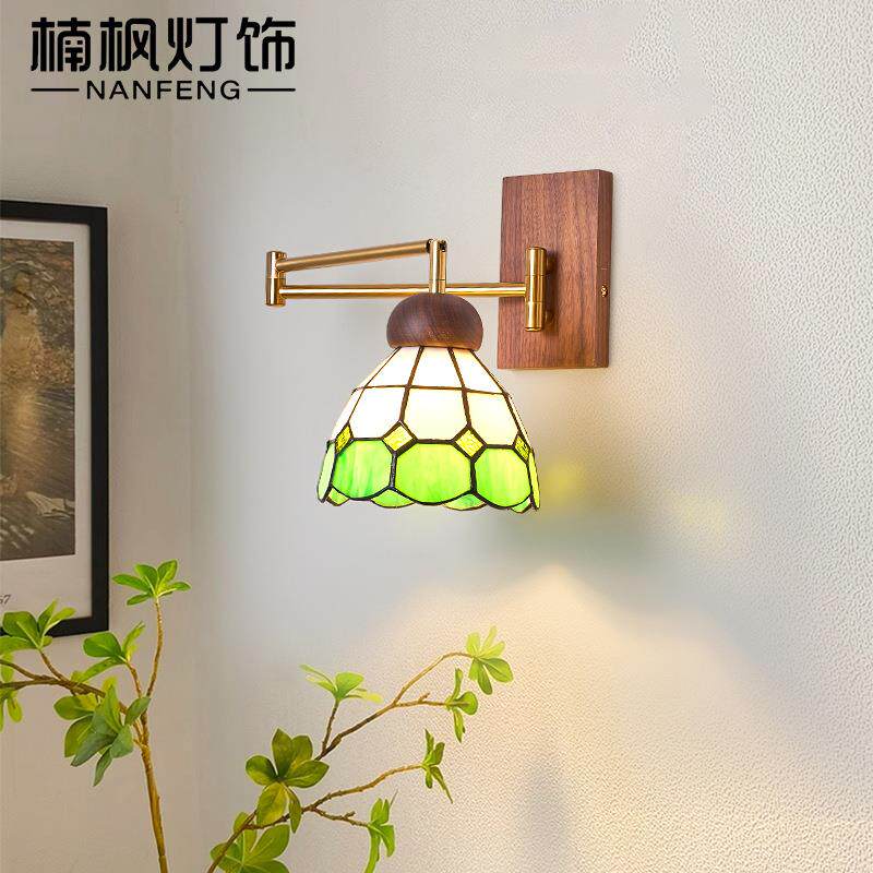 中古风卧室床头壁灯可摇臂灯奶油风折叠伸缩书房学习用阅读灯