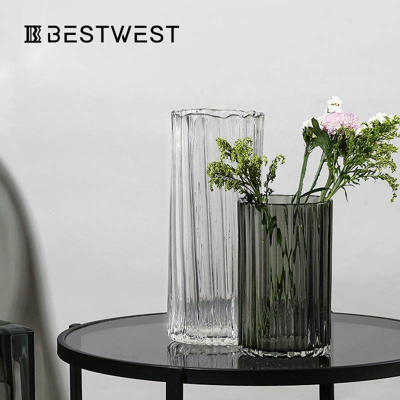 Bestwest彩色透明竖楞纹水培玻璃花瓶家居客厅软装饰品插花器