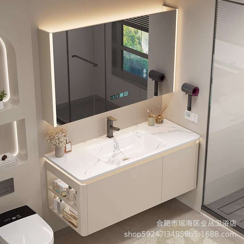现代简约岩板热弯一体盆橡木浴室柜组合吊柜卫生间洗手洗脸洗漱台