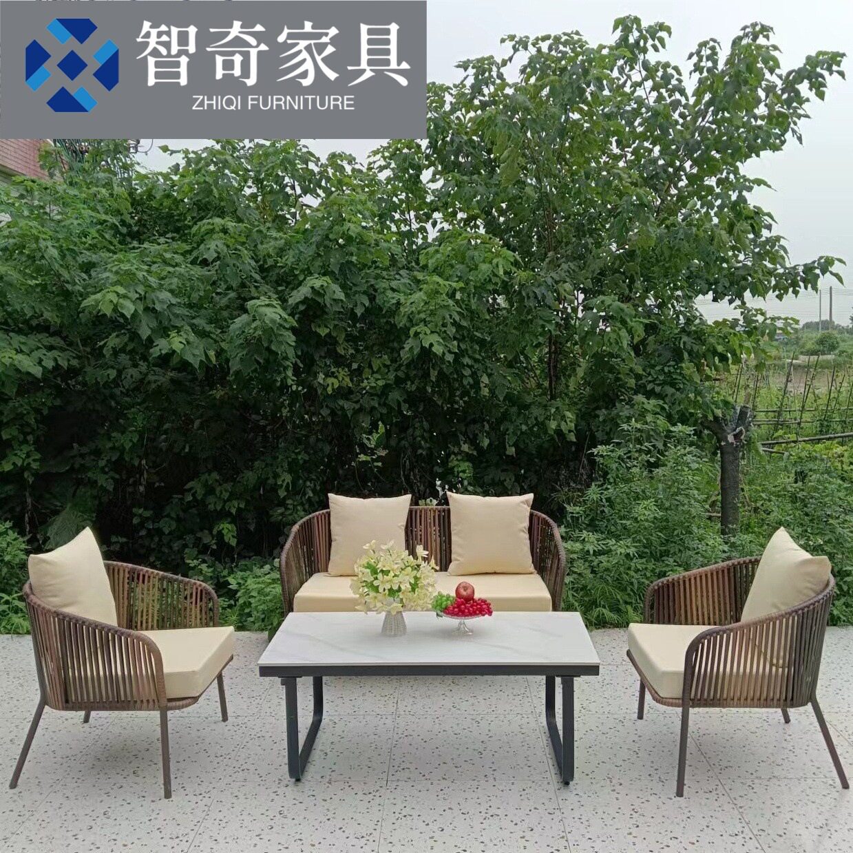 户外沙发茶几组合酒店民宿防水防晒岩板茶几编藤庭院别墅露台家具