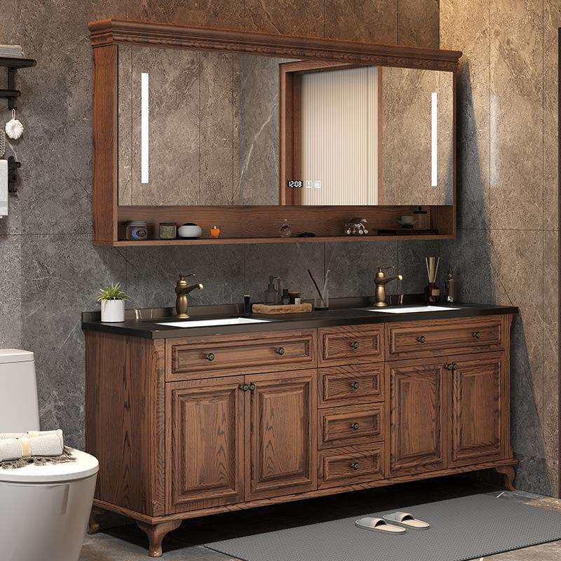 现代新款美式岩板陶瓷盆落地式浴室柜红橡木实木洗漱台盆智能镜柜