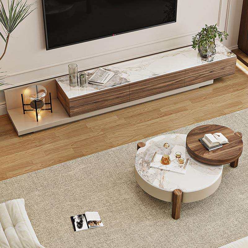 意式极简微晶石茶几电视柜组合客厅家用复古风胡桃木色可伸缩地柜