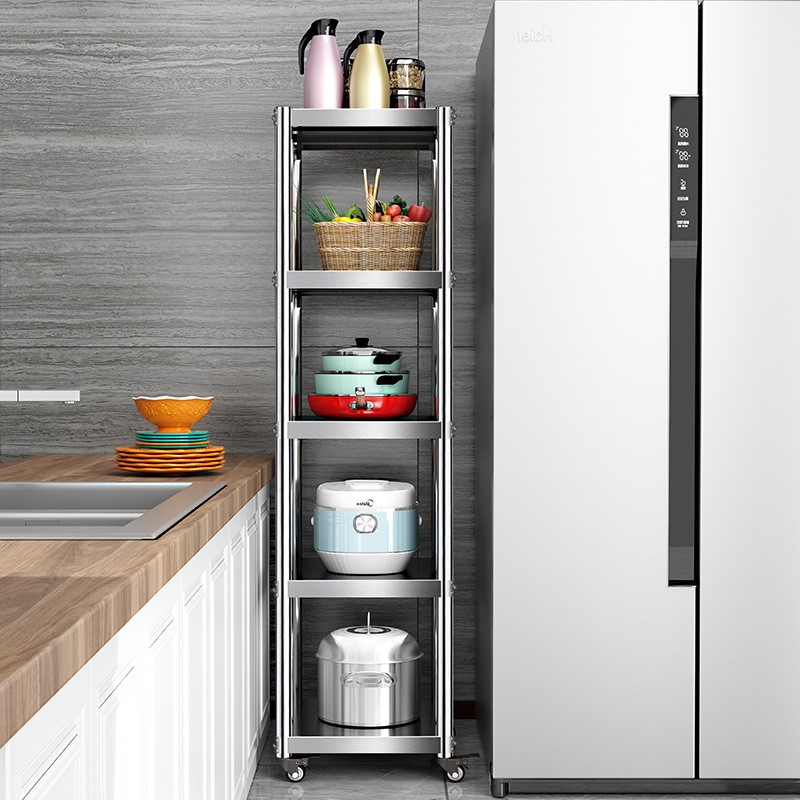 可移动落地带轮厨房冰箱侧边储物夹缝置物架窄缝隙收纳多层不锈钢