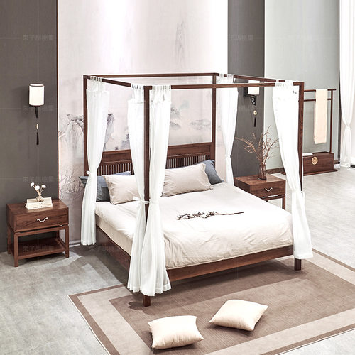 新中式1米5现代实木床简约双人床四柱床主卧原木大床卧室家具家用