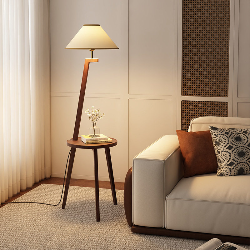客厅沙发旁边的落地灯实木美式复古卧室床头柜置物架一体台灯地灯