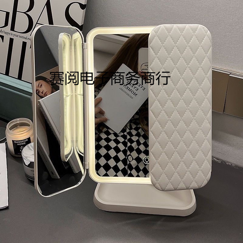 LED台式化妆镜二合一体贝壳三面收纳盒折叠梳妆镜可调节镜子双开