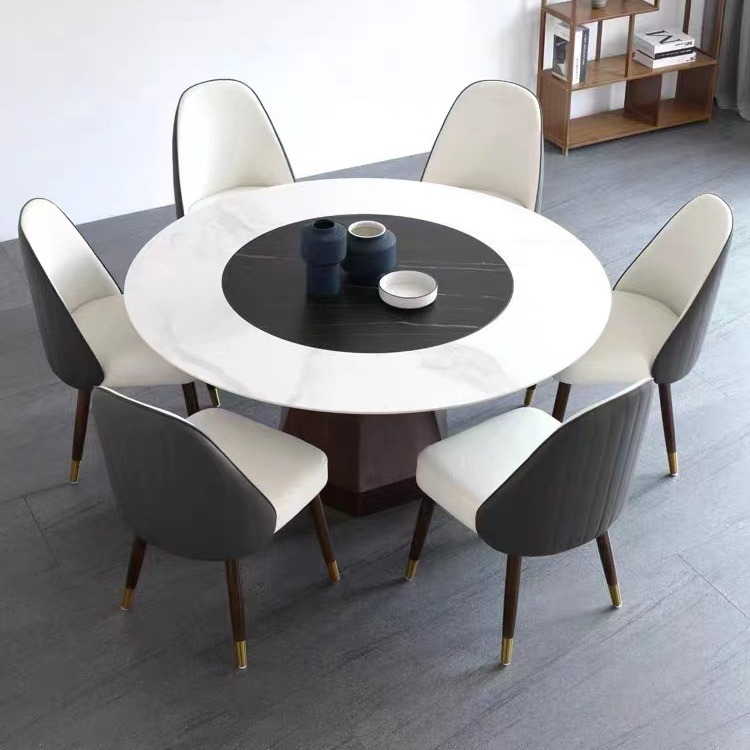 北欧内嵌式岩板餐桌黑胡桃木色家用内嵌旋转设计小户型岩板饭桌