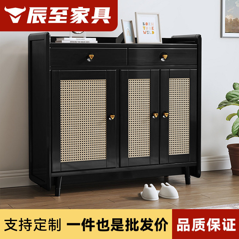 复古实木藤编鞋柜家用黑色储物柜日式玄关柜门厅餐边柜创意收纳柜
