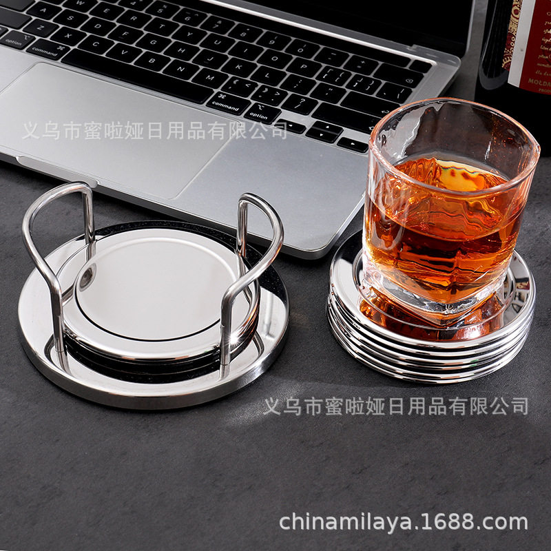带架子的餐垫杯垫不锈钢亮光防滑垫餐厅经典杯垫8件套杯垫