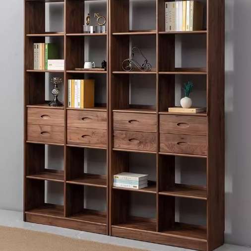 北美黑胡桃木书柜置物架组合多层书柜满墙落地书架实木书柜展示柜