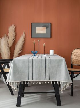 伊缦琪韵美式灰色绣花条纹长方形家用餐桌布茶几台布工厂直供