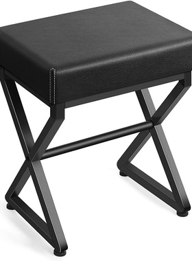 黑色梳妆凳 PU皮革脚凳 金属X形腿 方形脚凳 卧室、客厅用脚凳椅