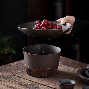 紫陶茶渣缸多功能废水缸茶室桌面茶水桶云南过滤香插烟灰缸茶洗