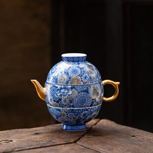 在瓷青花一壶两杯户外旅行茶具套装便携式包茶壶茶杯一人用快客杯