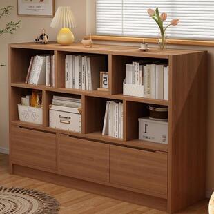 书架落地置物架收纳带柜门书柜储物柜一体矮柜客厅胡桃木色小柜子