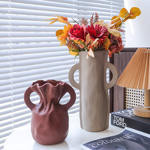 欧式轻奢不规则手捏法式陶瓷花瓶摆件客厅电视柜假花水培鲜花干花