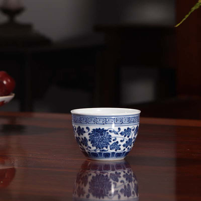 寒窑青花缠枝莲缸杯主人杯茶杯手绘复古中式陶瓷茶器单个小号客杯