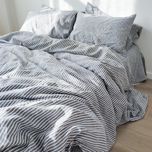 柔软舒适水洗 床上四件套 床笠款 亚麻色织蓝色细条纹床单被套枕套